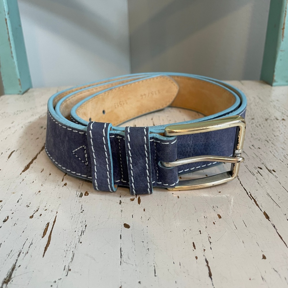 Bullock & Jones Mens Blue Pebbled Leather Belt Size 44 Made in Spain Two Tone